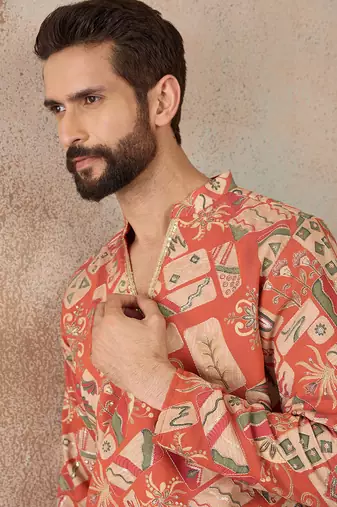 Mens coral silk blend abstract embroidered kurta