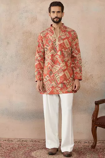 Mens coral silk blend abstract embroidered kurta