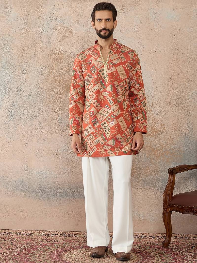 Mens coral silk blend abstract embroidered kurta