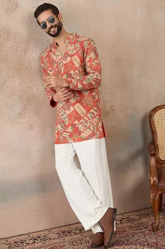 Mens coral silk blend abstract embroidered kurta