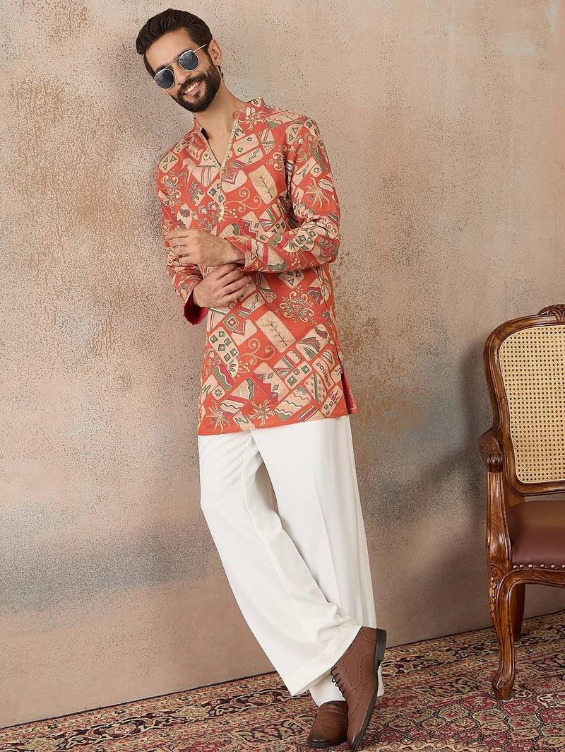 Mens coral silk blend abstract embroidered kurta
