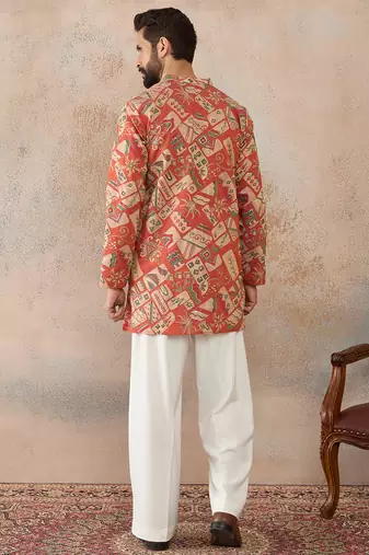 Mens coral silk blend abstract embroidered kurta