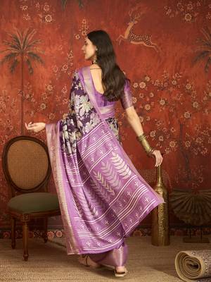 Purple silk cotton printed saree with unstitched blouse piece. 3
