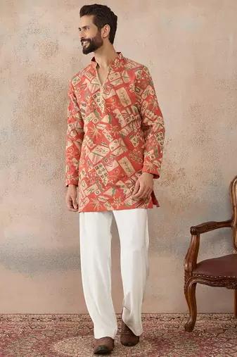 Mens coral silk blend abstract embroidered kurta