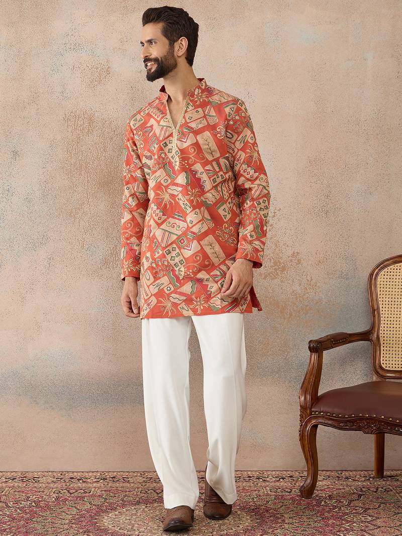 Mens coral silk blend abstract embroidered kurta