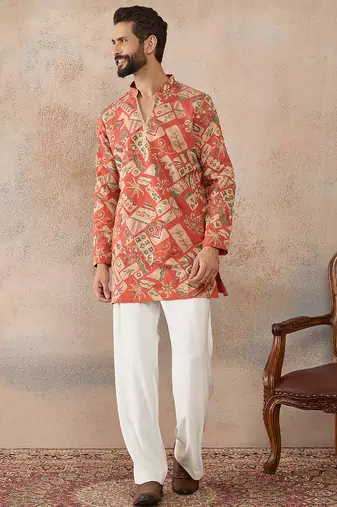 Mens coral silk blend abstract embroidered kurta