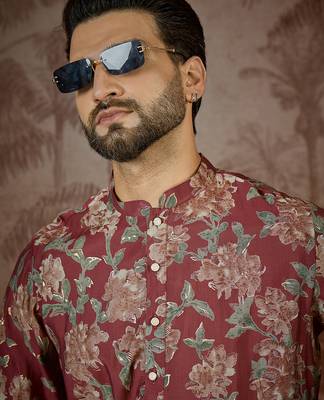 Mens maroon silk blend floral printed kurta 1