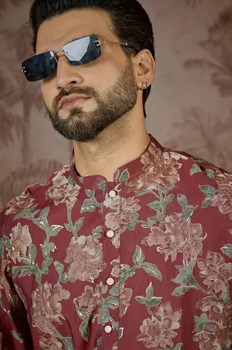 Mens maroon silk blend floral printed kurta