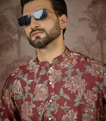Mens maroon silk blend floral printed kurta