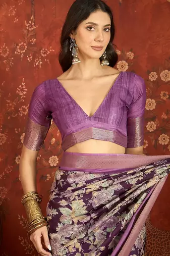 Purple silk cotton printed saree with unstitched blouse piece.