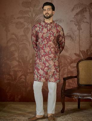 Mens maroon silk blend floral printed kurta 2