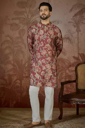 Mens maroon silk blend floral printed kurta