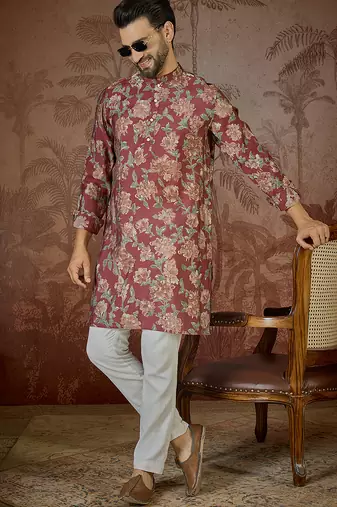 Mens maroon silk blend floral printed kurta