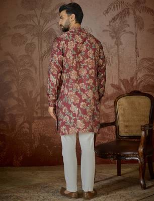 Mens maroon silk blend floral printed kurta 4