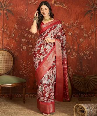 Red silk cotton printed saree with unstitched blouse piece. 2