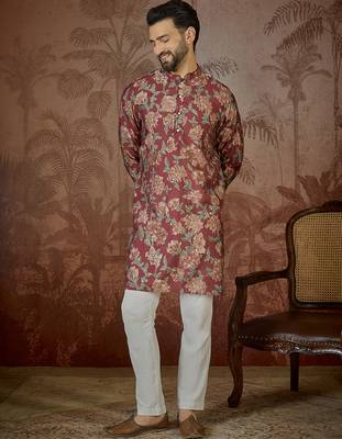 Mens maroon silk blend floral printed kurta 5