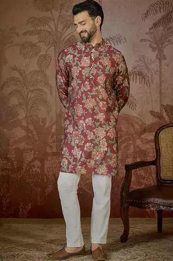 Mens maroon silk blend floral printed kurta