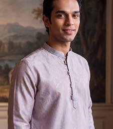 Mens blue jacquard geometric embroidered kurta