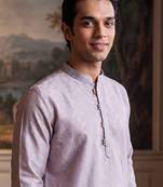 Mens blue jacquard geometric embroidered kurta