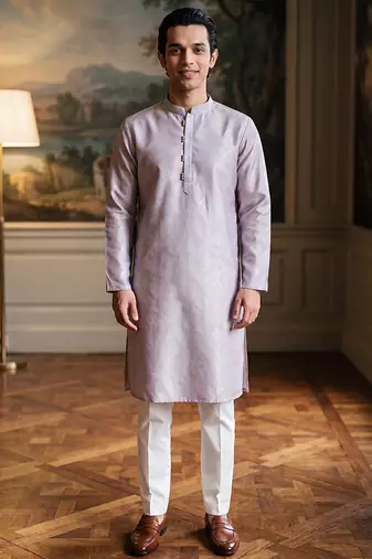 Mens blue jacquard geometric embroidered kurta