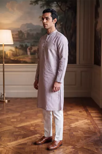 Mens blue jacquard geometric embroidered kurta