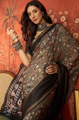 Grey silk cotton printed saree with unstitched blouse piece.