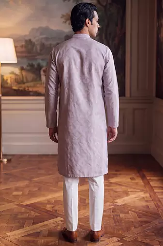 Mens blue jacquard geometric embroidered kurta