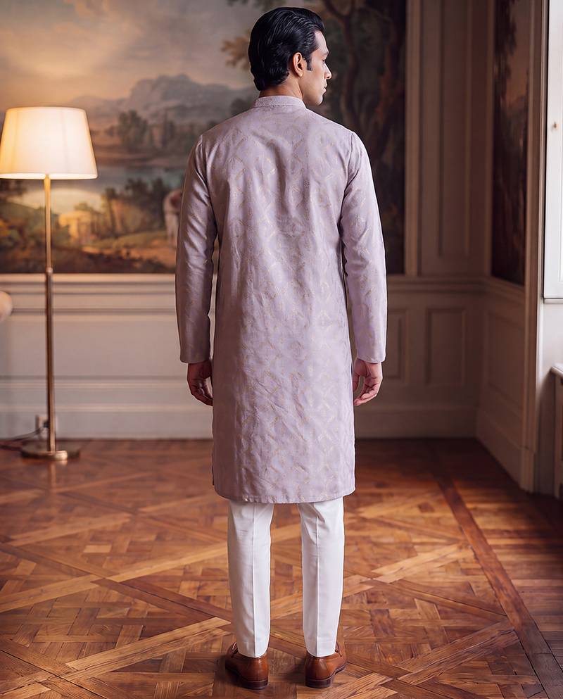 Mens blue jacquard geometric embroidered kurta