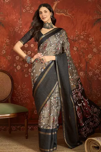 Grey silk cotton printed saree with unstitched blouse piece.