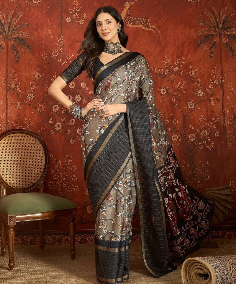 Grey silk cotton printed saree with unstitched blouse piece.