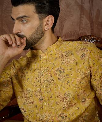 Mens mustard silk blend ethnic motifs printed kurta 1
