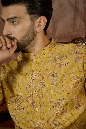 Mens mustard silk blend ethnic motifs printed kurta