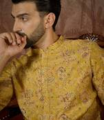 Mens mustard silk blend ethnic motifs printed kurta