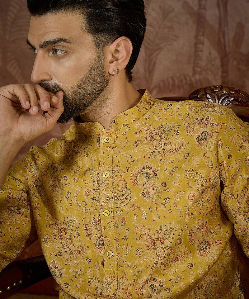 Mens mustard silk blend ethnic motifs printed kurta