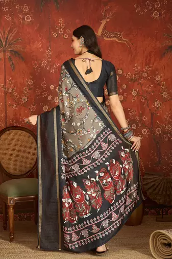 Grey silk cotton printed saree with unstitched blouse piece.