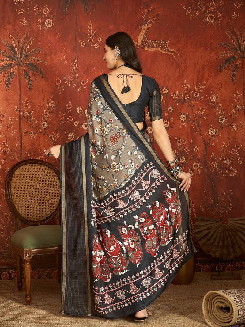 Grey silk cotton printed saree with unstitched blouse piece.