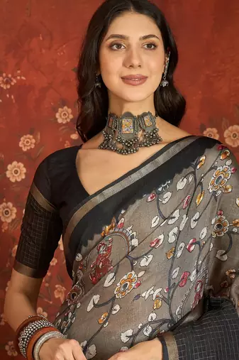 Grey silk cotton printed saree with unstitched blouse piece.