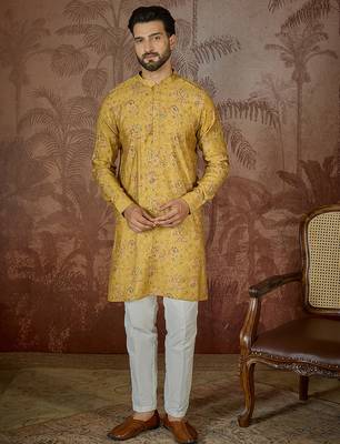 Mens mustard silk blend ethnic motifs printed kurta 2