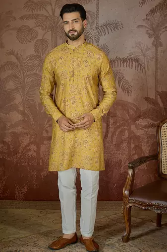 Mens mustard silk blend ethnic motifs printed kurta