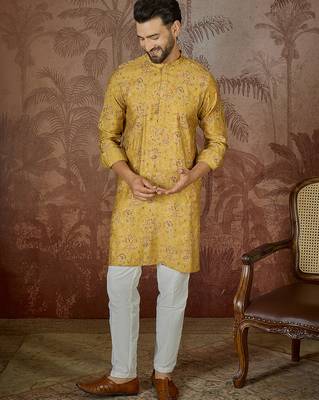 Mens mustard silk blend ethnic motifs printed kurta 3