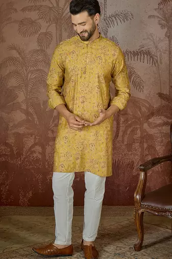 Mens mustard silk blend ethnic motifs printed kurta