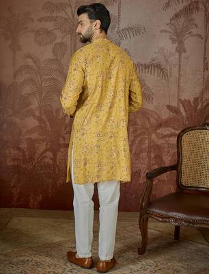Mens mustard silk blend ethnic motifs printed kurta 4