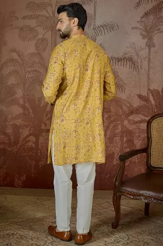 Mens mustard silk blend ethnic motifs printed kurta