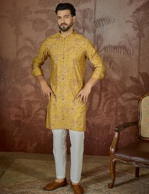 Mens mustard silk blend ethnic motifs printed kurta 5