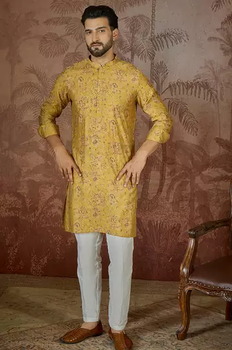 Mens mustard silk blend ethnic motifs printed kurta