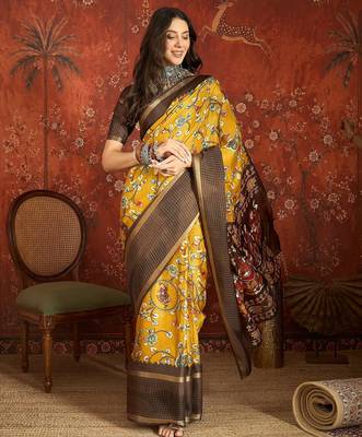 Mustard silk cotton printed saree with unstitched blouse piece. 2