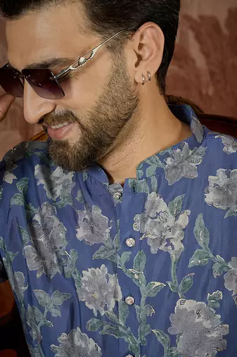 Mens blue silk blend floral printed kurta