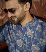 Mens blue silk blend floral printed kurta