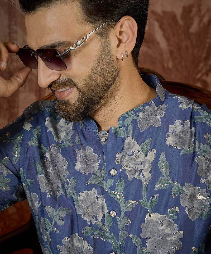 Mens blue silk blend floral printed kurta