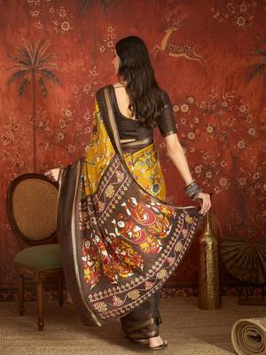 Mustard silk cotton printed saree with unstitched blouse piece. 3